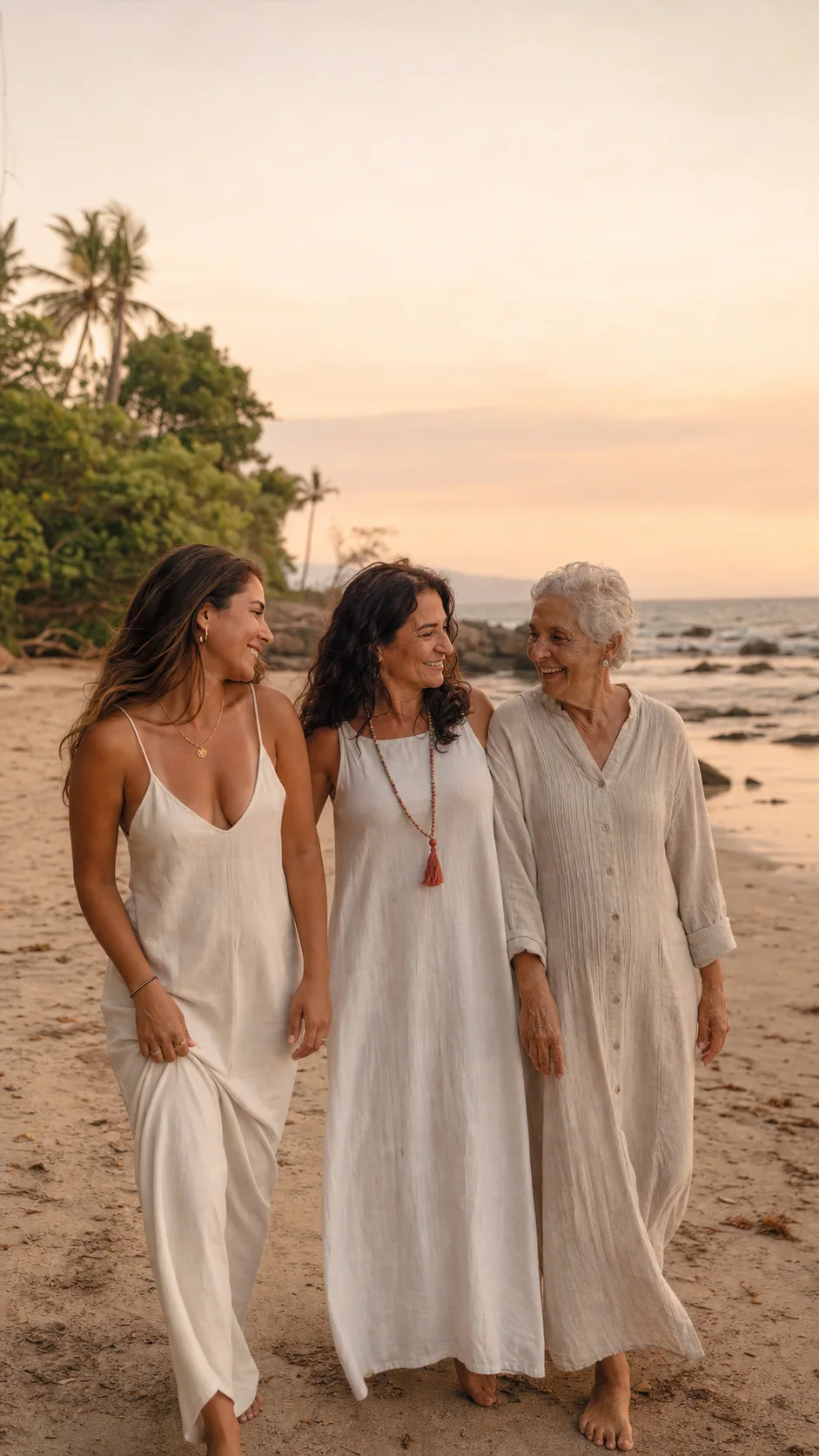 Tres generaciones de mujeres caminando frente al mar